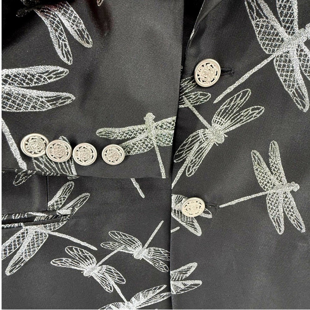 TALLIA Dragonfly Print Blazer Dinner Jacket Mens 40S Black Silver Festive - Picture 5 of 13